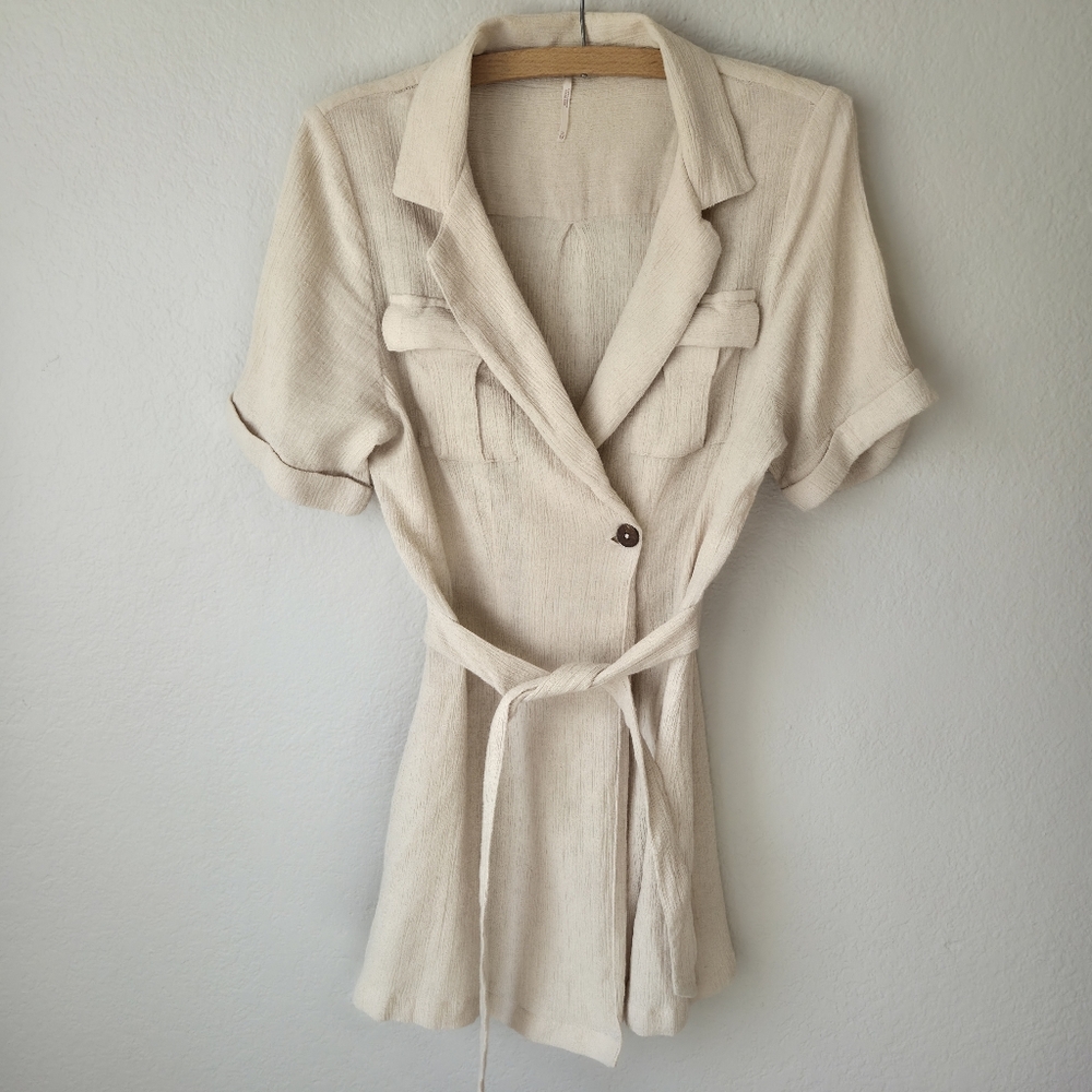 Free People Clementine Linen Mini Dress XS Cream Textured Wrap Collared Belted